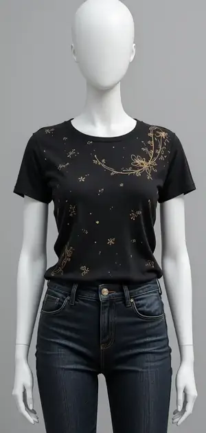 Black t-shirt with delicate golden botanical design.