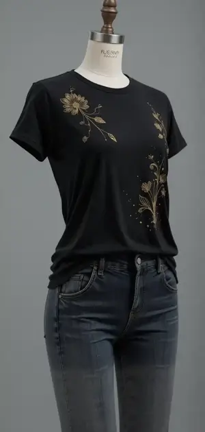 Black t-shirt with gold floral accents