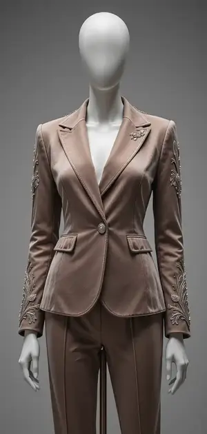 Taupe blazer with ornate embroidery on the sleeves and collar.