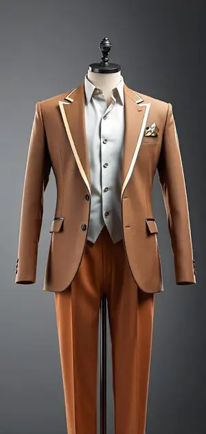 A tan blazer with ivory piping and coordinating trousers