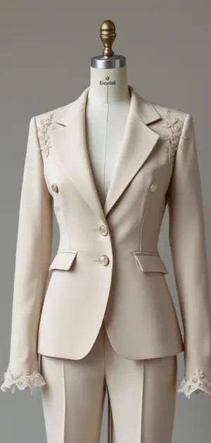 Ivory blazer with floral embroidery on shoulders and cuffs