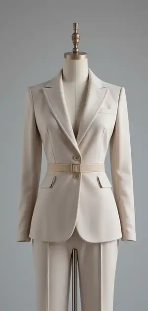 Beige blazer with a slim belt and single-button closure for women