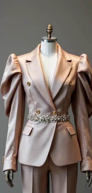 Champagne pink blazer with puffed sleeves and an embellished belt for women