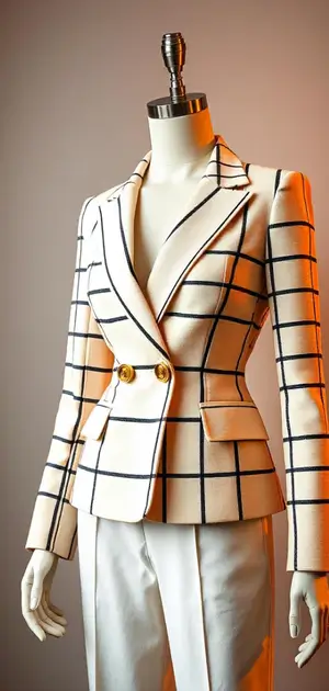 Belted white blazer with bold vertical black stripes