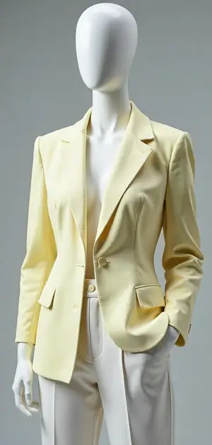 Pale yellow blazer with sharp tailoring and open front