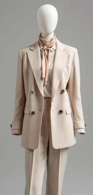 Camel blazer paired with tailored trousers and a scarf