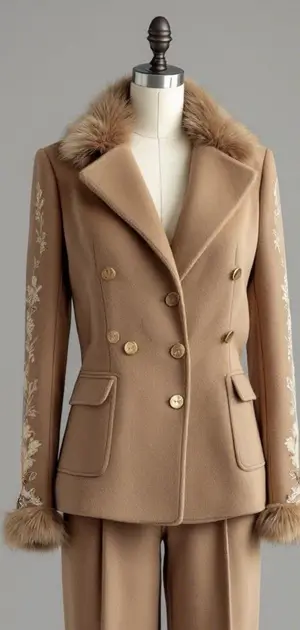 Camel blazer with fur trim and embroidered sleeve details