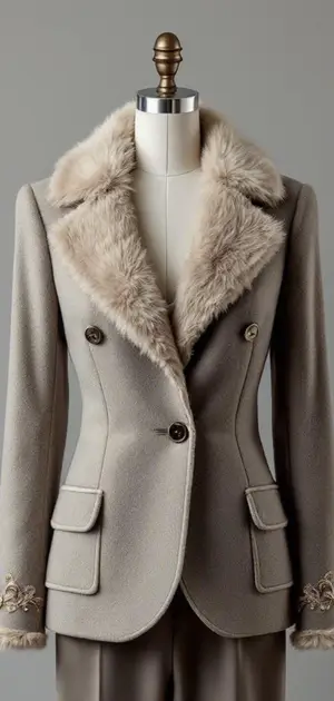 Light grey blazer with fluffy fur lapels and cuffs