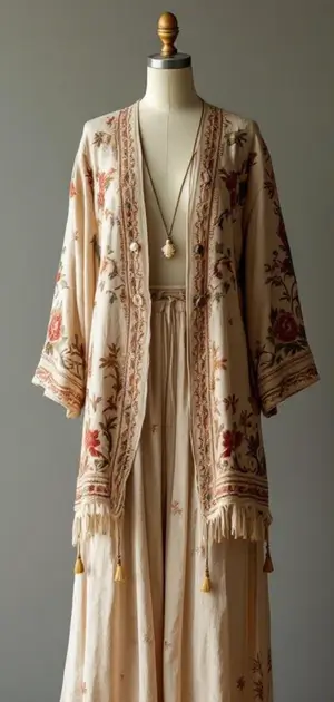 Cream bohemian blazer with vibrant red floral details