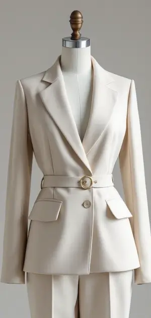 Off-white blazer with waist belt and clean, structured design