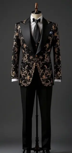 black blazer with gold floral embroidery, satin lapels, and a black tie on a mannequin