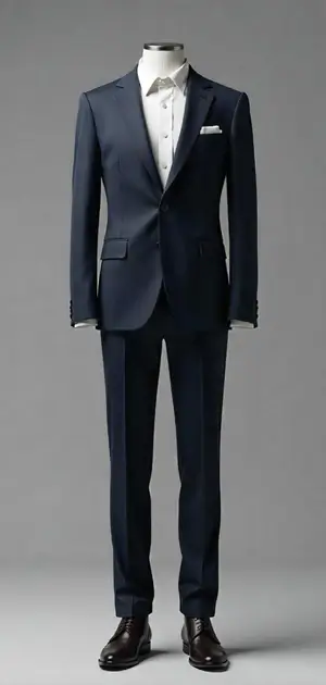 A navy blue blazer paired with formal trousers, a white shirt, and dark shoes