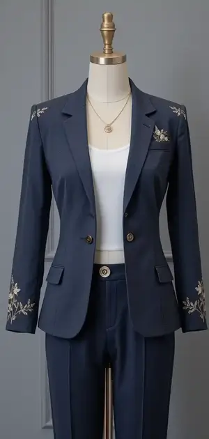 Navy classic blazer with subtle embroidered detailing