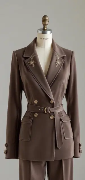 Deep brown blazer with floral embroidery and a belted waist