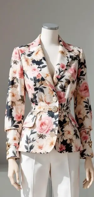 Pastel blazer with soft floral designs on mannequin