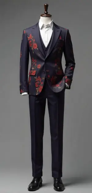 A dark floral-patterned blazer with red flowers, paired with black trousers on a mannequin