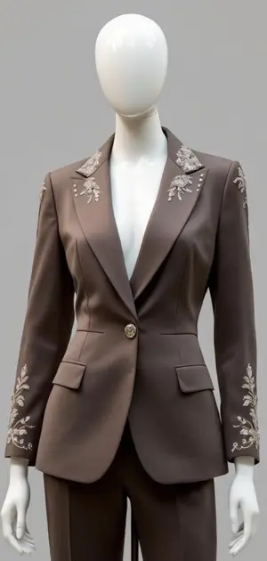 Dark taupe blazer with silver embroidery along the collar and sleeves