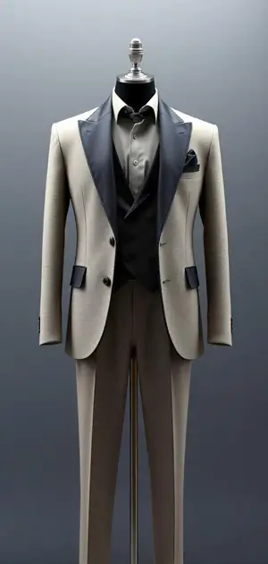 An ivory blazer with black satin lapels and matching trousers