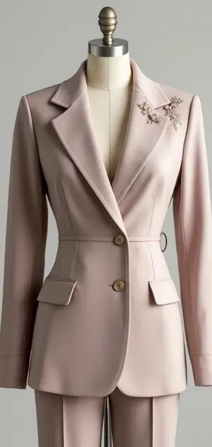 Dusty pink blazer with floral embroidery and a slim, fitted design