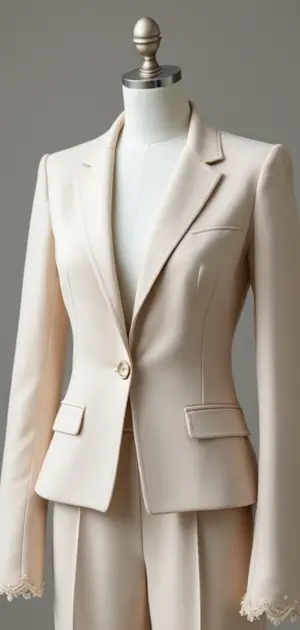 Ivory blazer with subtle floral embroidery on the shoulders