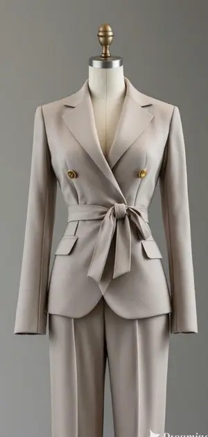 Beige blazer with a knotted belt and gold buttons for women