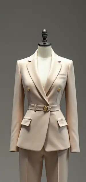 Cream blazer with gold buttons and a belted waist for women