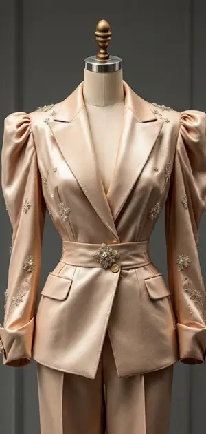 Champagne-coloured blazer with puffed shoulders and floral detailing for women