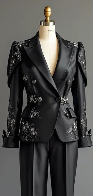 Black blazer with embroidery and puffed shoulders for women
