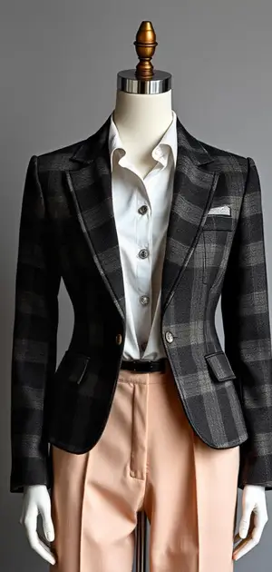 Light brown plaid blazer paired with tailored trousers