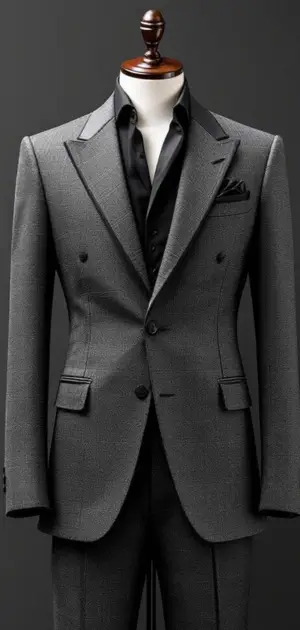 A grey double-breasted blazer with black shirt, vest, and pocket square on a mannequin