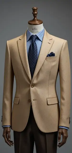 Light beige Ralph Lauren blazer with blue tie and pocket square