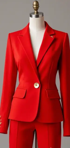 Red blazer with structured tailoring and gold details