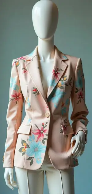 Pink blazer with blue and red floral patterns