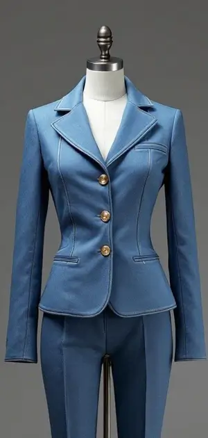 Medium blue stretch denim blazer with gold buttons