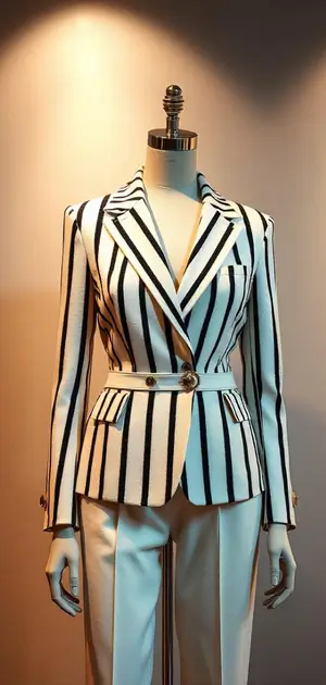 Women's white blazer with bold black vertical stripes and a waist belt