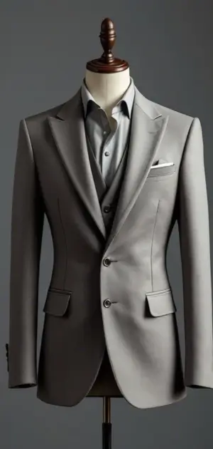 A grey blazer with a matching waistcoat, grey shirt, and pocket square on a mannequin