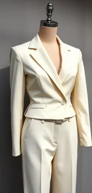Creamy white tailored blazer with a belted waist for a refined look