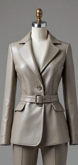 Light gray leather blazer with a subtle sheen and minimalist belt