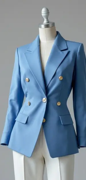 Blue blazer with gold buttons and white pants