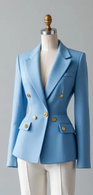 Light blue blazer with gold buttons and white trousers