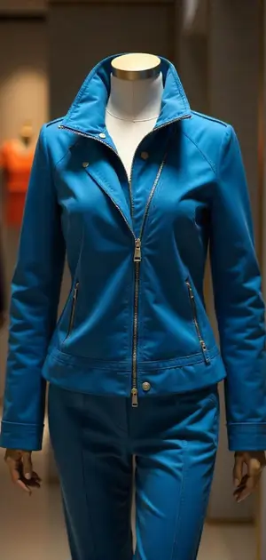Casual blue zip-up jacket on a mannequin