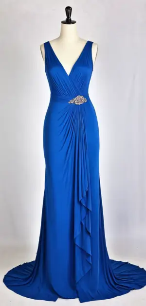Sophisticated blue maxi dress with gathered waist and crystal embellishment