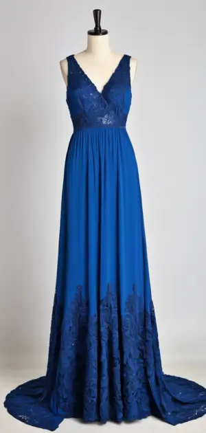 Elegant blue maxi dress with intricate lace detailing on mannequin