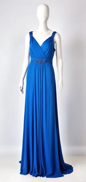 Stylish blue maxi dress with ruffled side detailing on mannequin