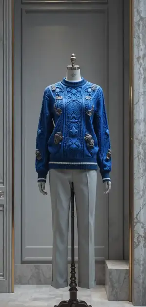 Light blue sweater with ornate white patterns on display