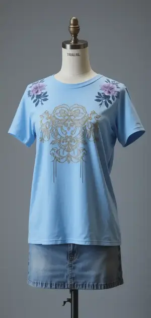 Sky blue t-shirt with gold and white floral design.