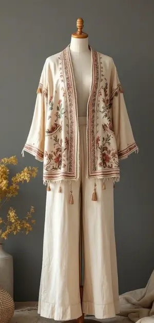 Off-white bohemian blazer with muted floral patterns