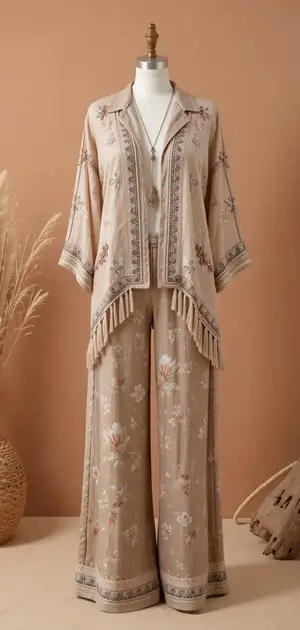 Taupe bohemian blazer with floral motifs and loose pants