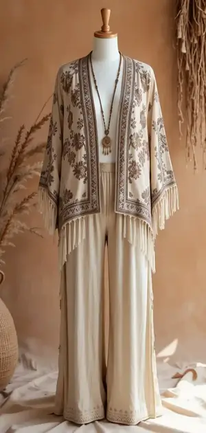 Beige bohemian blazer with floral embroidery and fringe