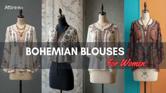 Bohemian-style blouses featuring bold patterns, bright hues, and airy fabrics.